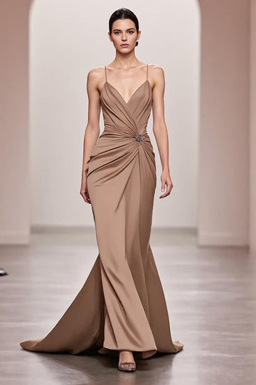 Robe de soirée longue à bretelles spaghetti sirène satin café